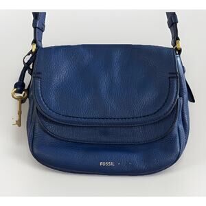 FOSSIL Peyton Blue Double Flap Leather Crossbody Bag 10x8x3